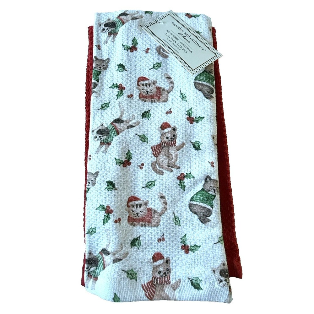cupcakes and cashmere Christmas Cats Kittens Dish Kitchen Towels Set of 3